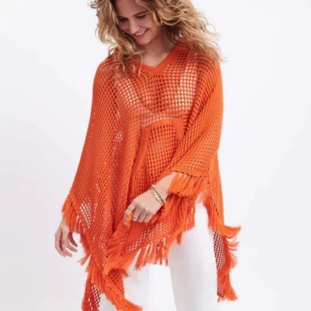 Mersea Playa Hoodie Poncho Crochet Fringe Orange One Size